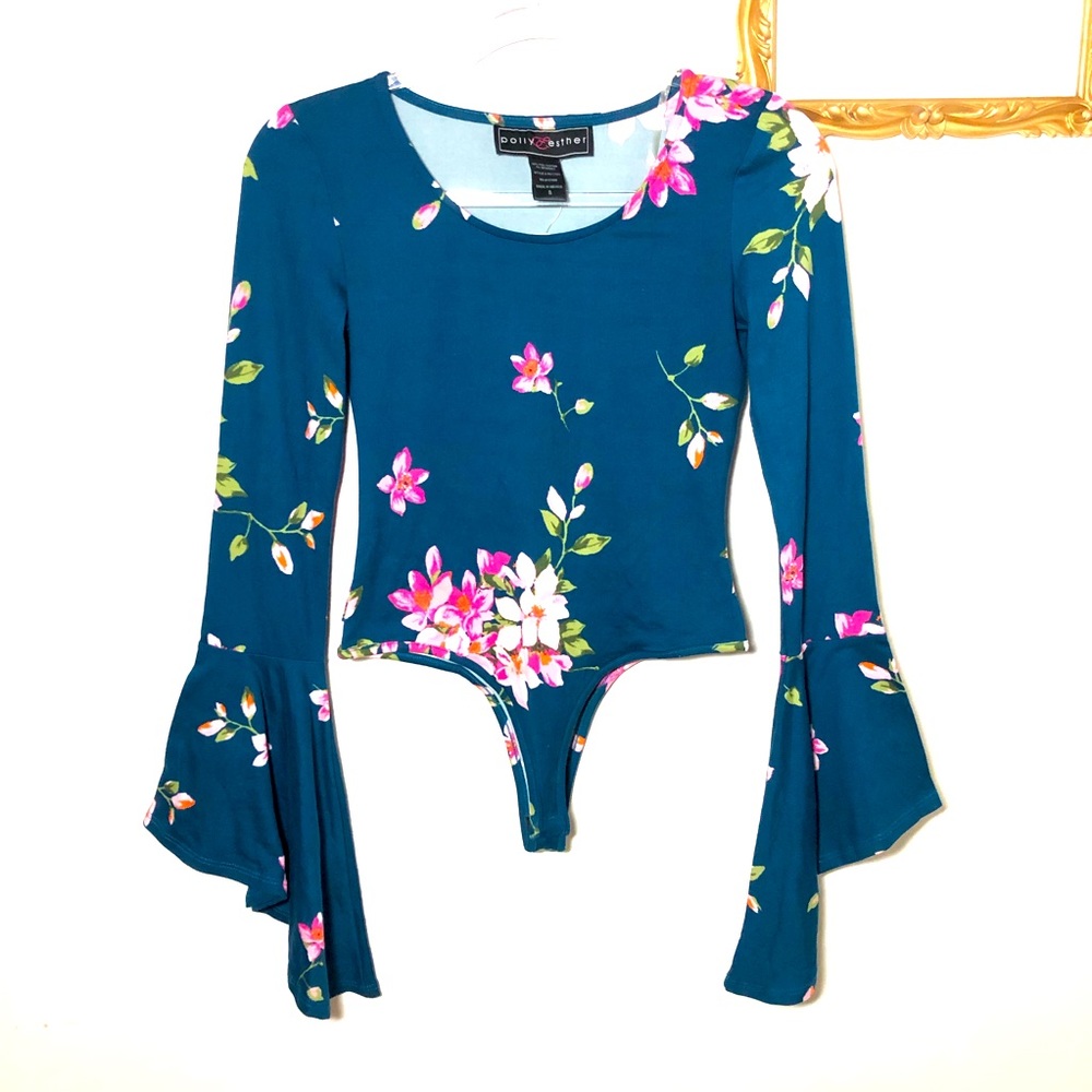 Polly & Esther New Body Suit Teal Floral Size Small